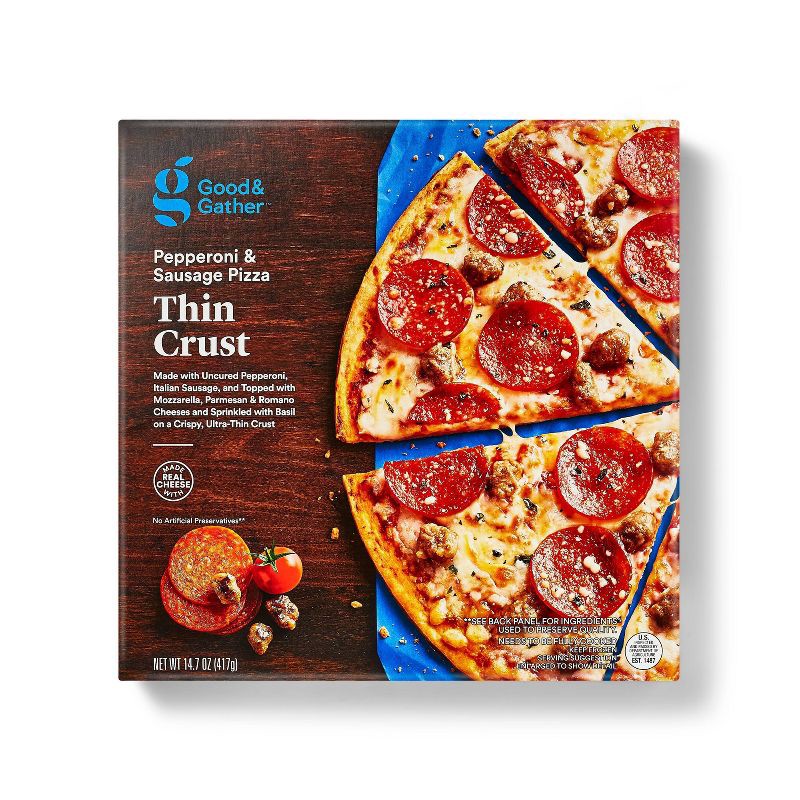 slide 1 of 3, Thin Crust Uncured Pepperoni and Sausage Frozen Pizza - 14.7oz - Good & Gather™, 14.7 oz