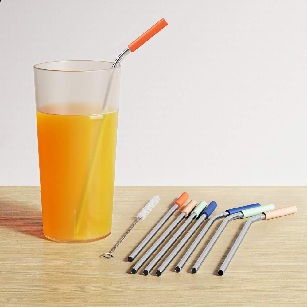 slide 2 of 2, 9pc Stainless Steel Straws with Cleaning Brush Colored Tips - Room Essentials, 9 ct