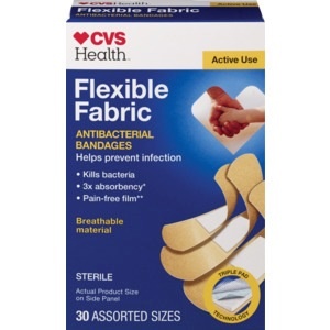 slide 1 of 1, CVS Health Flexible Fabric Anti-Bacterial Bandages, Assorted Sizes, 30 ct