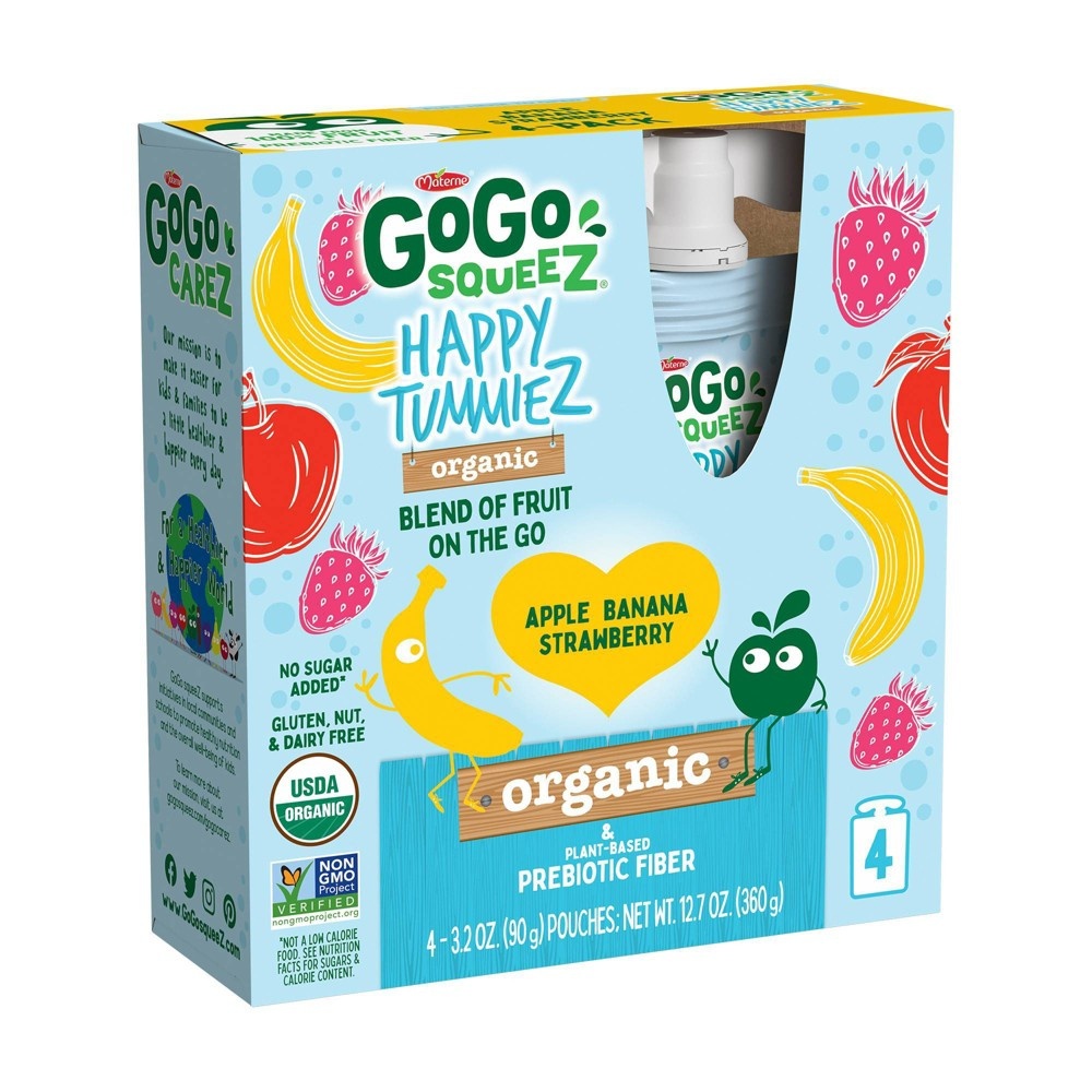 slide 2 of 9, GoGo SqueeZ Happy TummieZ Organic Apple Banana Strawberry, 12.8 oz, 4 ct