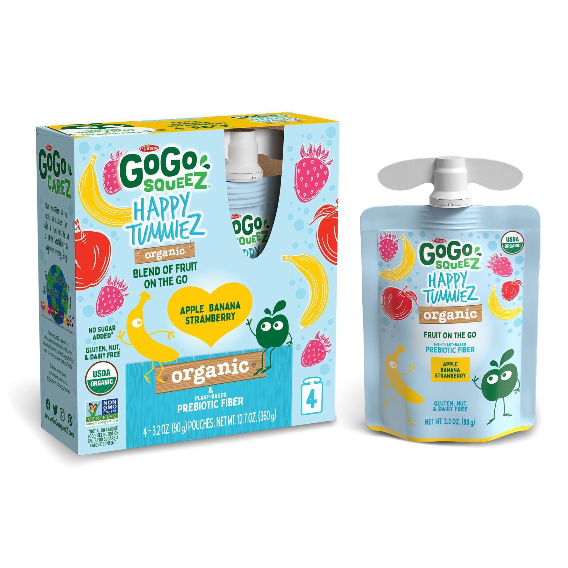 slide 1 of 9, GoGo SqueeZ Happy TummieZ Organic Apple Banana Strawberry, 12.8 oz, 4 ct