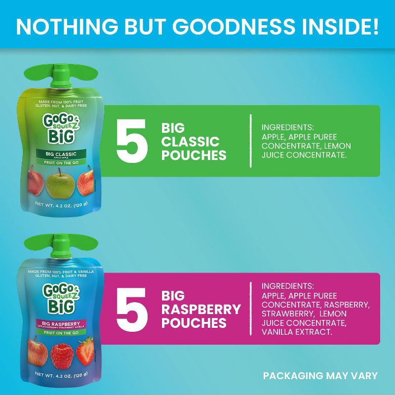 slide 2 of 10, GoGo squeeZ BIG Applesauce and Fruit Puree with Vanilla Variety Pack, BIG Classic, BIG Raspberry - 4.2oz/10ct, 10 ct; 4.2 oz