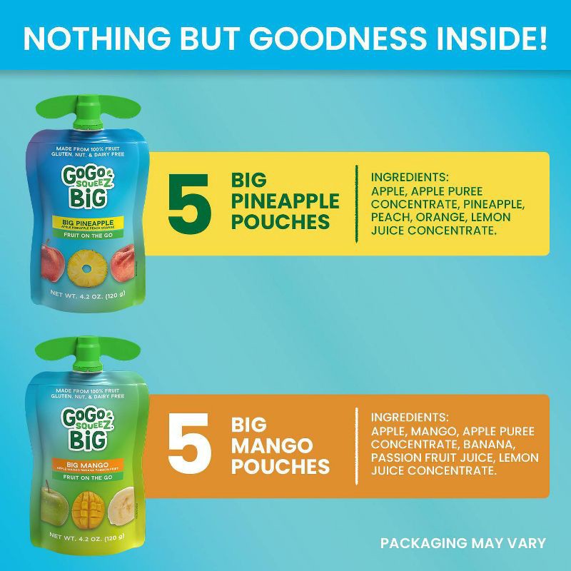 slide 2 of 9, GoGo SqueeZ Big Variety Pack Apple Mango Banana Passfruit Pineapple Peach - 42.3oz/10ct, 42.3 oz, 10 ct