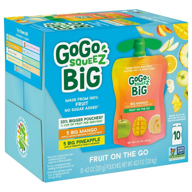 slide 2 of 9, GoGo SqueeZ Big Variety Pack Apple Mango Banana Passfruit Pineapple Peach - 42.3oz/10ct, 42.3 oz, 10 ct