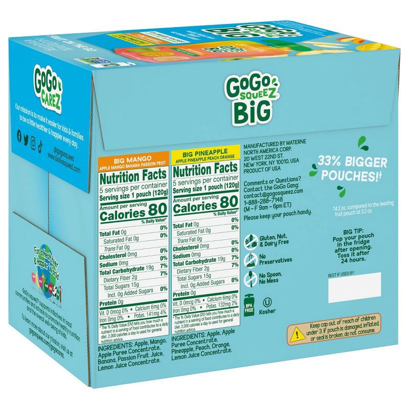 slide 3 of 9, GoGo SqueeZ Big Variety Pack Apple Mango Banana Passfruit Pineapple Peach - 42.3oz/10ct, 42.3 oz, 10 ct