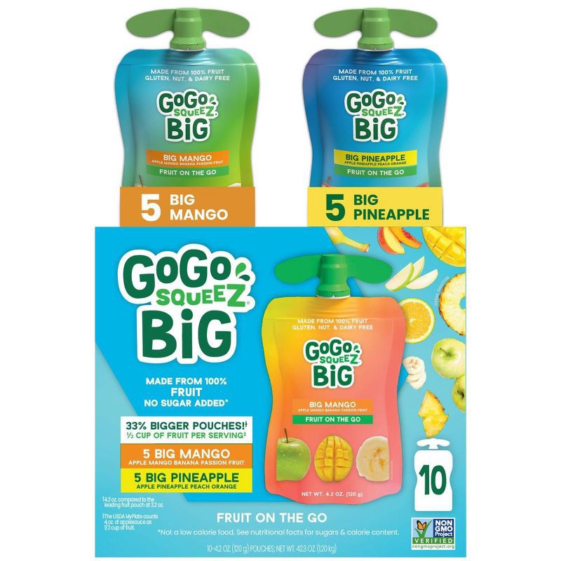 slide 1 of 9, GoGo SqueeZ Big Variety Pack Apple Mango Banana Passfruit Pineapple Peach - 42.3oz/10ct, 42.3 oz, 10 ct