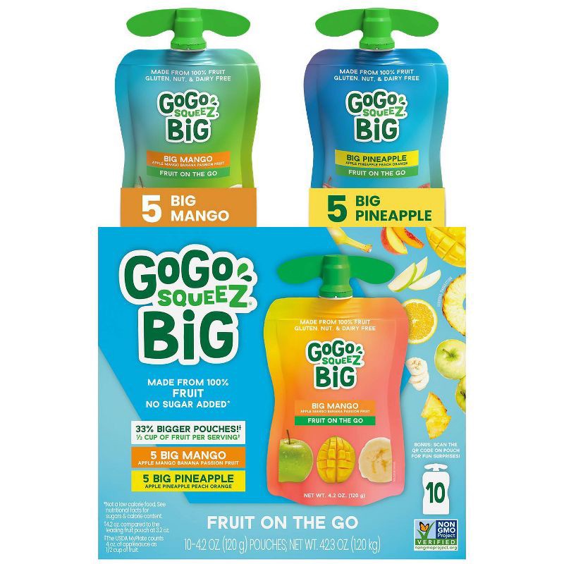 slide 1 of 9, GoGo SqueeZ Big Variety Pack Apple Mango Banana Passfruit Pineapple Peach - 42.3oz/10ct, 42.3 oz, 10 ct