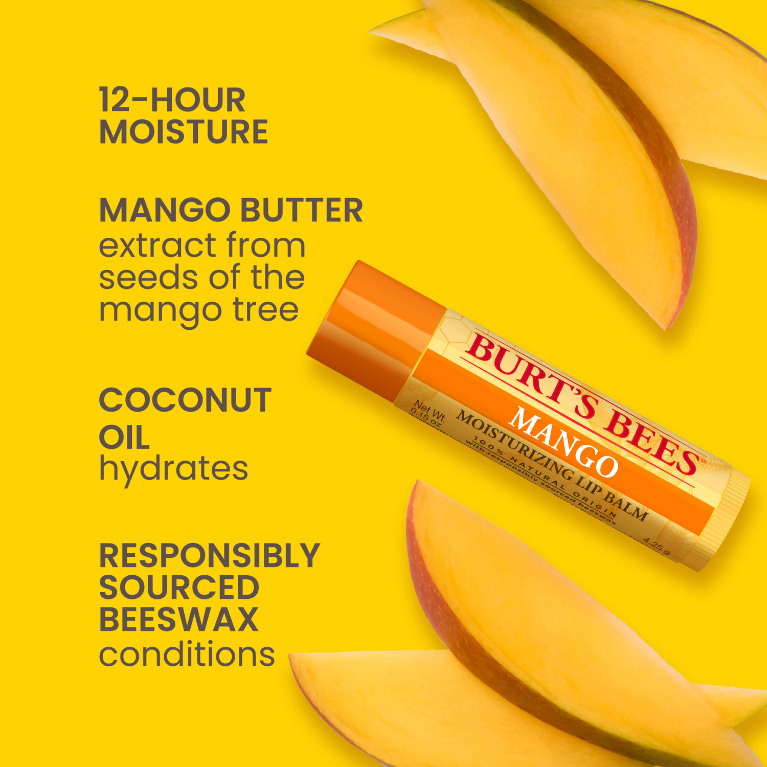slide 7 of 8, Burt's Bees 100% Natural Moisturizing Lip Balm, Mango Butter with Beeswax & Fruit Extracts - 1 Tube, 0.15 oz