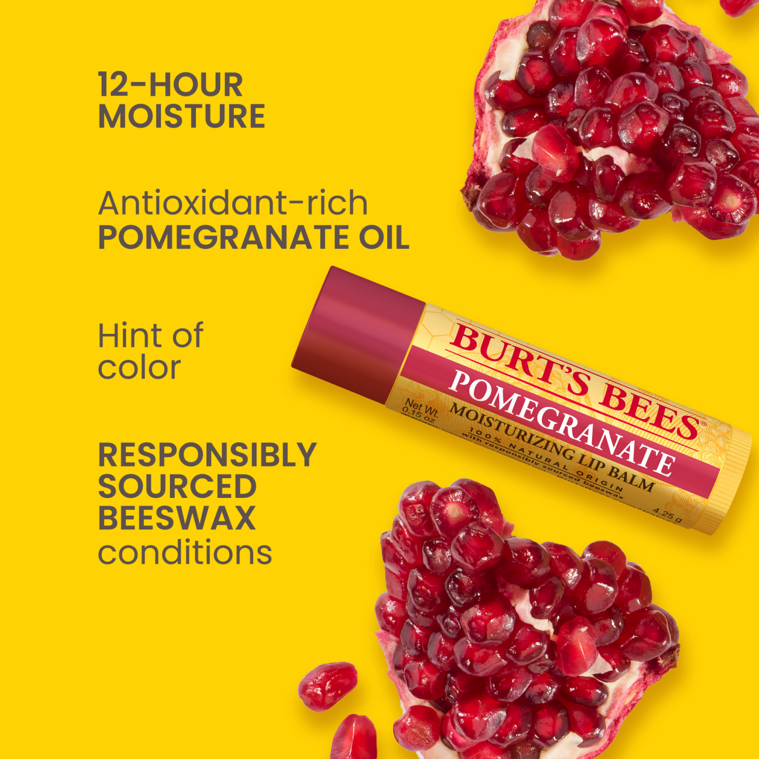 slide 7 of 8, Burt's Bees 100% Natural Moisturizing Lip Balm, Pomegranate with Beeswax and Fruit Extracts - 2 Tubes, 2 ct