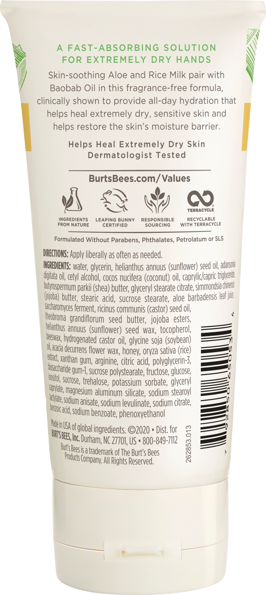 slide 2 of 8, Burt's Bees Ultimate Care Healing Hand Cream with Aloe and Rice Milk for Sensitive Skin, 99% Natural Origin, 2.5 Ounces, 2.5 oz