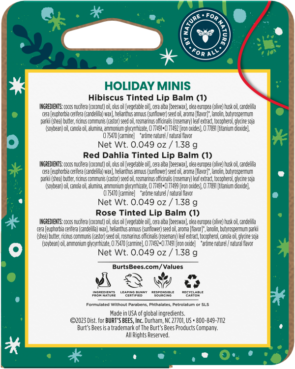 slide 4 of 5, Burts Bees Holiday Minis Tinted Lip Balm Gift Set Hibiscus Red Dahlia Rose, 3 ct