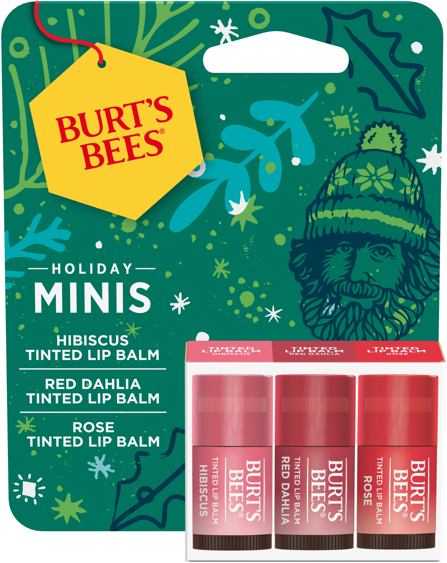 slide 1 of 5, Burts Bees Holiday Minis Tinted Lip Balm Gift Set Hibiscus Red Dahlia Rose, 3 ct