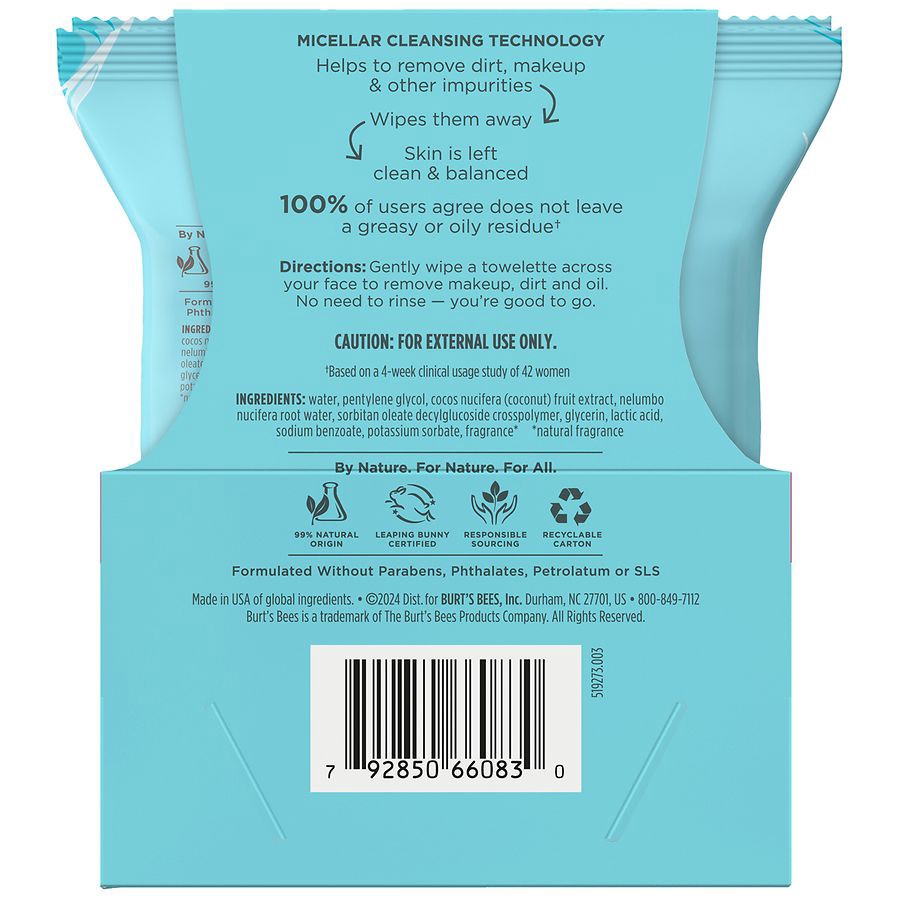 slide 5 of 5, Burt's Bees Micellar Facial Towelettes Coconut & Lotus, 30 ct