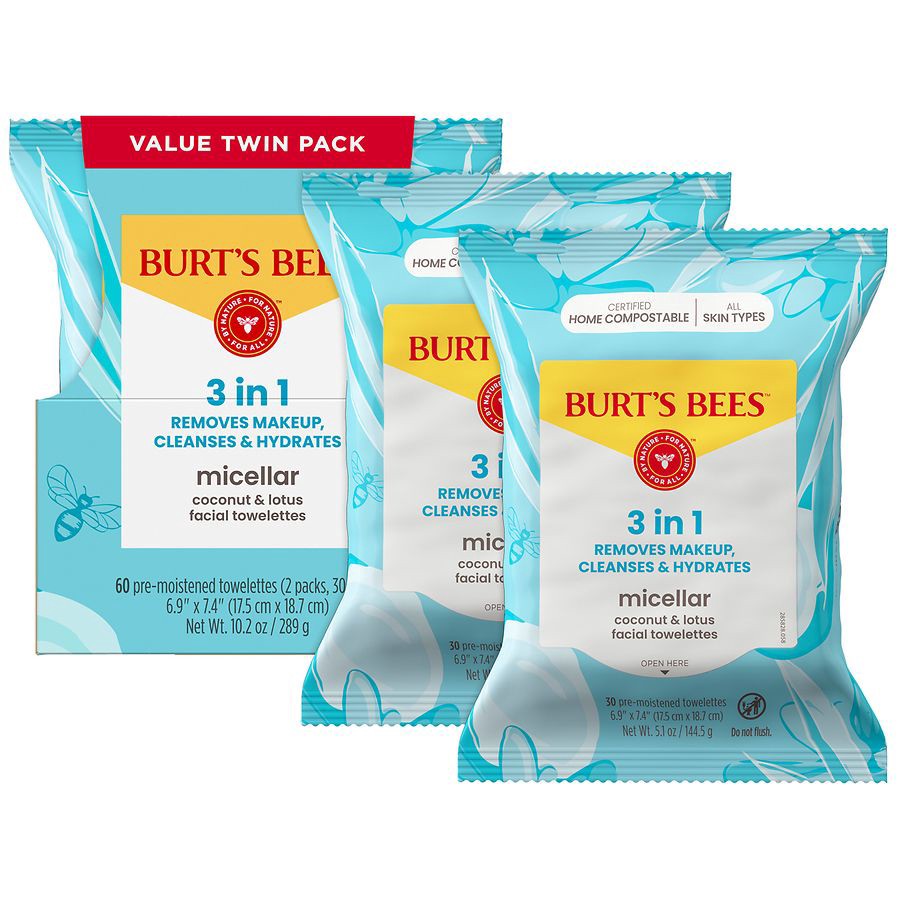 slide 2 of 5, Burt's Bees Micellar Facial Towelettes Coconut & Lotus, 30 ct