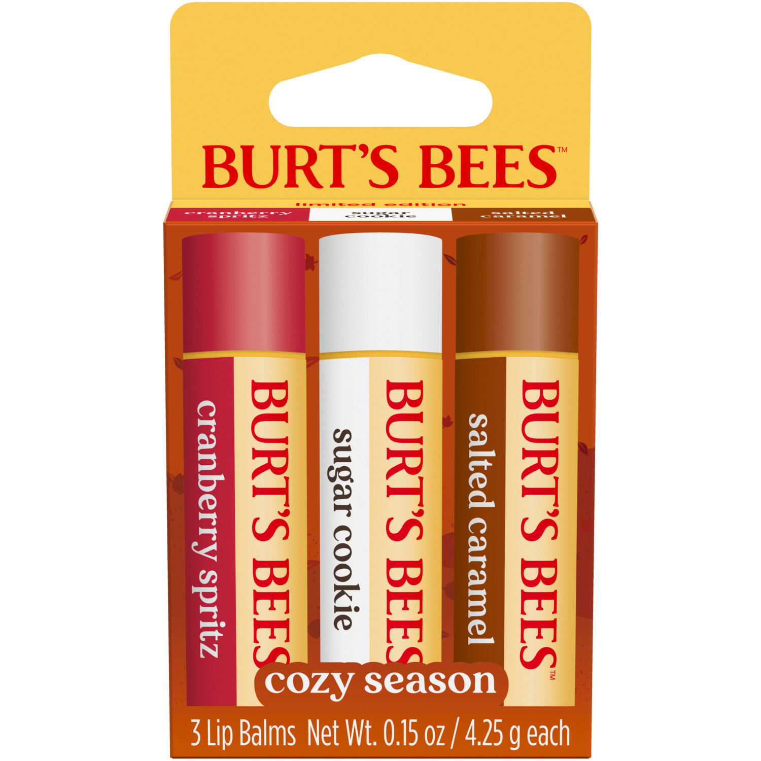 slide 1 of 3, Burt's Bees Burt''s Bees Cozy Season Moisturizing Lip Balm; Limited Edition 3 Pk: Cranberry Spritz, Sugar Cookie, Salted Caramel; 24 Hour Moisture, 100% Natural Origin, Responsibly Sourced Beeswax, 0.15 oz. Tubes, 0.45 oz