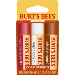 Burt's Bees Burt''s Bees Cozy Season Moisturizing Lip Balm; Limited Edition 3 Pk: Cranberry Spritz, Sugar Cookie, Salted Caramel; 24 Hour Moisture, 100% Natural Origin, Responsibly Sourced Beeswax, 0.15 oz. Tubes