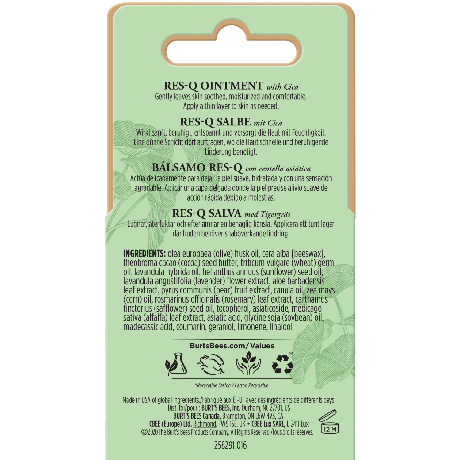 slide 5 of 6, Burt's Bees Res-Q Ointment With Cica, Soothes and Comforts Stressed Skin, 100 Percent Natural Origin Skin Care, 0.6 oz. Tin, 0.6 oz
