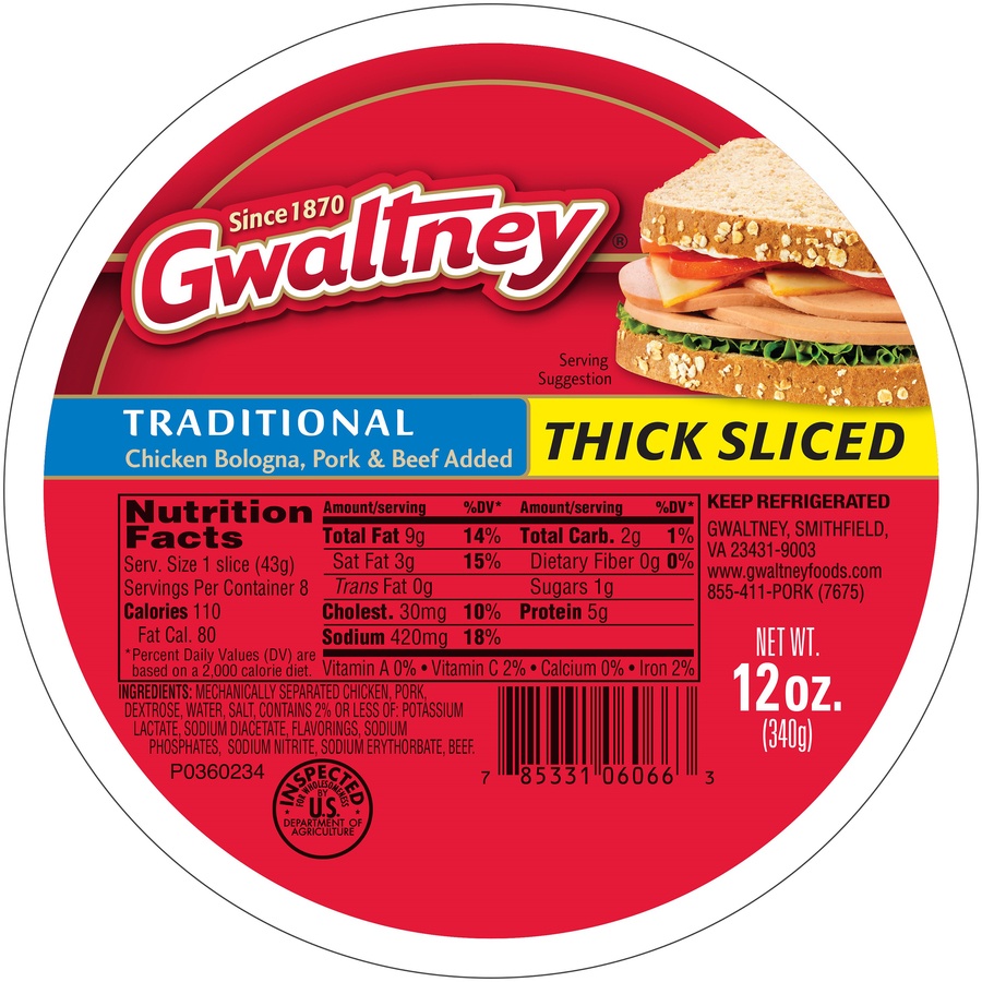 slide 1 of 1, Gwaltney Traditional Thick Sliced Bologna, 12 oz