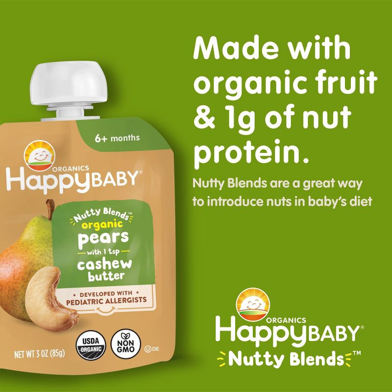 slide 3 of 8, Happy Baby Nutty Blends Organic Pears & Cashew Butter Baby Food Pouch - 3oz, 3 oz