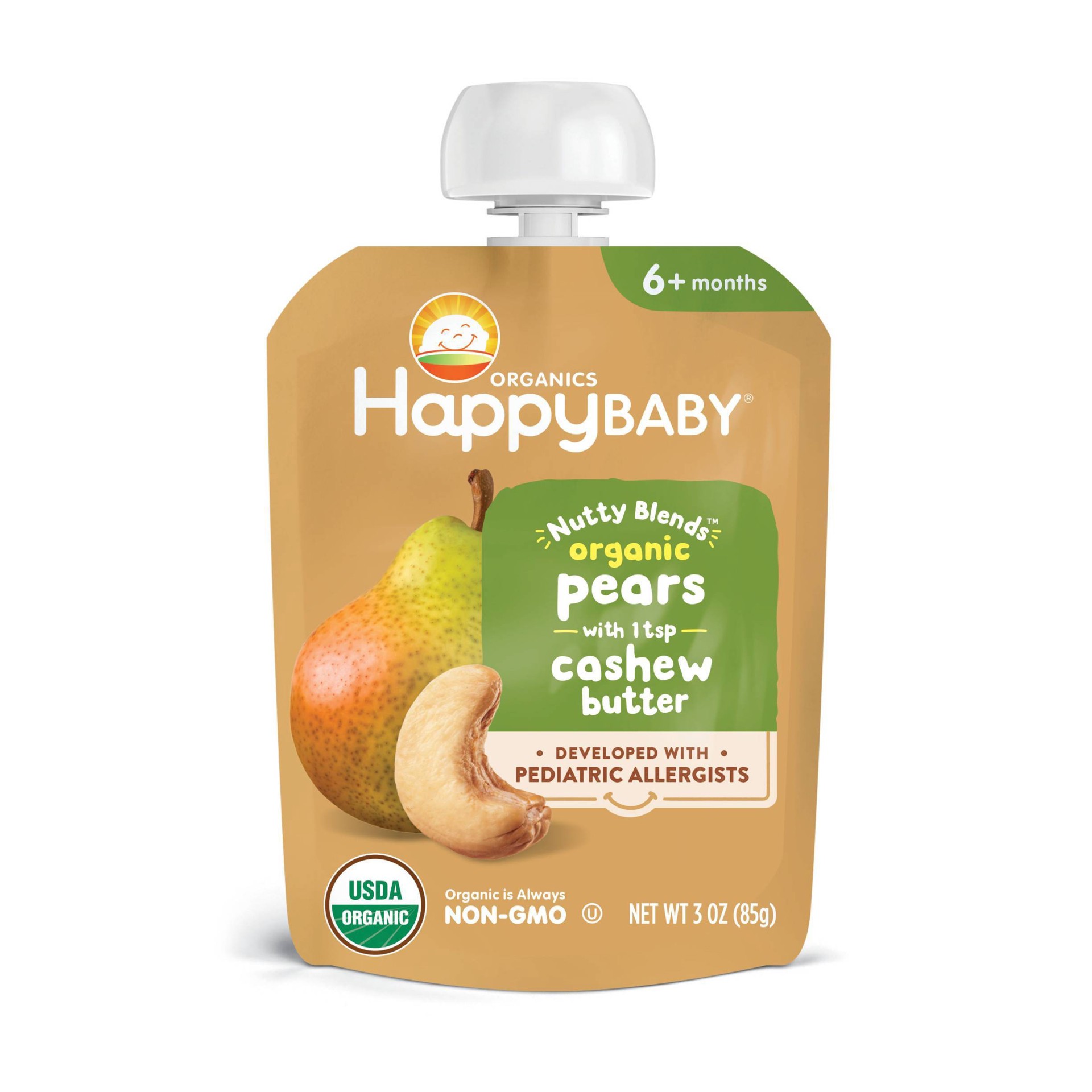 slide 1 of 2, HappyBaby Nutty Blends Organic Pears & Cashew Butter Baby Food Pouch - 3oz, 3 oz