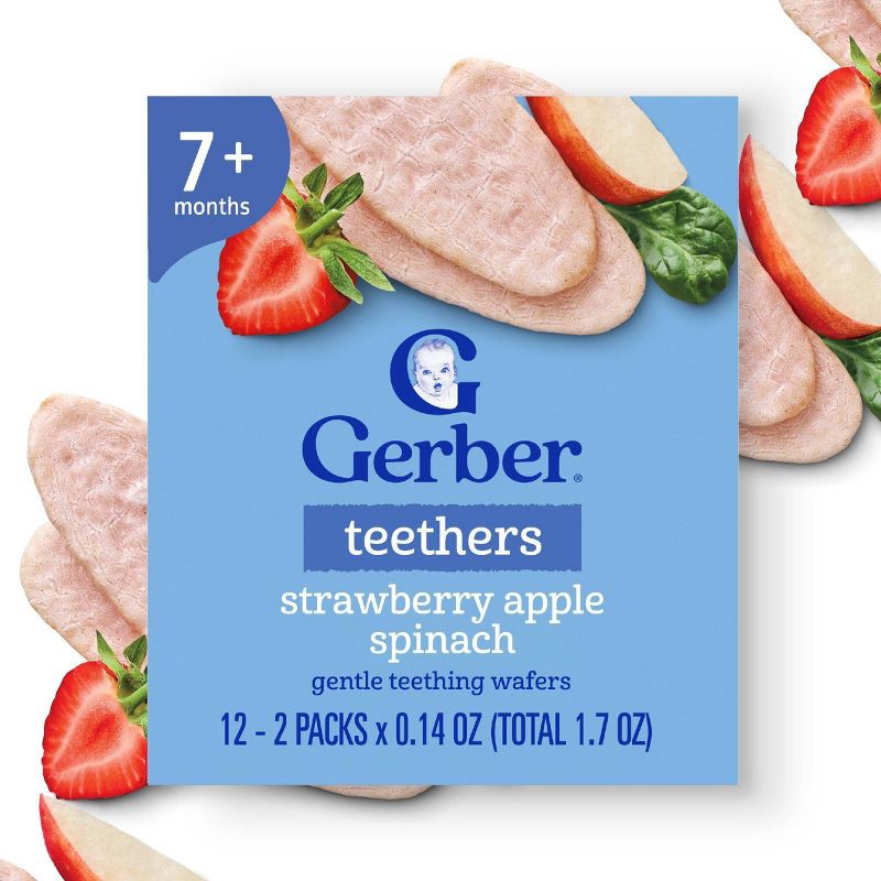 slide 2 of 8, Gerber Baby Food Strawberry Apple Spinach Teething Wafers Baby Snack - 12ct/1.7oz Total, 12 ct; 1.7 oz