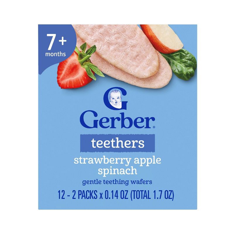 slide 1 of 8, Gerber Baby Food Strawberry Apple Spinach Teething Wafers Baby Snack - 12ct/1.7oz Total, 12 ct; 1.7 oz