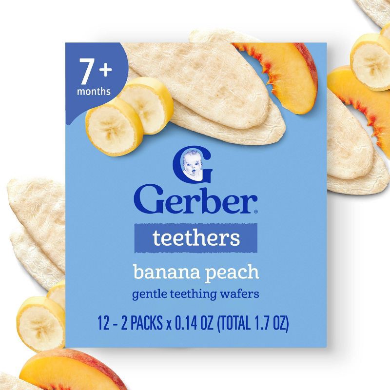 slide 2 of 9, Gerber Baby Food Banana Peach Teething Wafer Baby Snack - 12ct/1.7oz Total, 12 ct; 1.7 oz