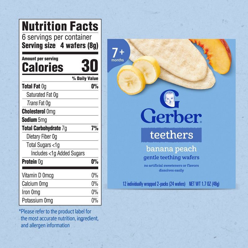 slide 8 of 9, Gerber Baby Food Banana Peach Teething Wafer Baby Snack - 12ct/1.7oz Total, 12 ct; 1.7 oz
