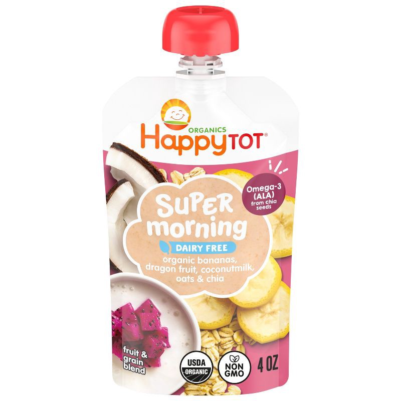 slide 1 of 9, Happy Baby Happy Tot Super Morning Dairy-Free Organic Bananas, Dragonfruit, Coconut Milk, Oats & Chia Toddler Pouch - 4oz: 24+ Months, Vegan Puree, 4 oz