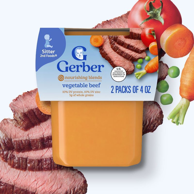 slide 3 of 10, Gerber Baby Food Stage 2 Vegetable & Beef Puree Tub - 2ct/4oz, 2 ct; 4 oz