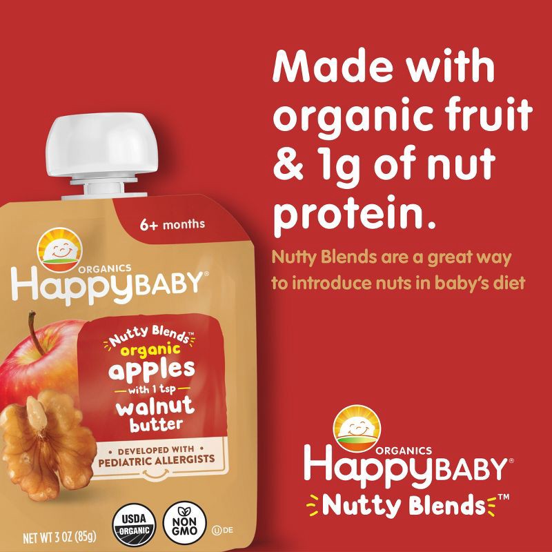 slide 3 of 8, Happy Baby Nutty Blends Organic Apple & Walnut Butter Baby Food Pouch - 3oz, 3 oz
