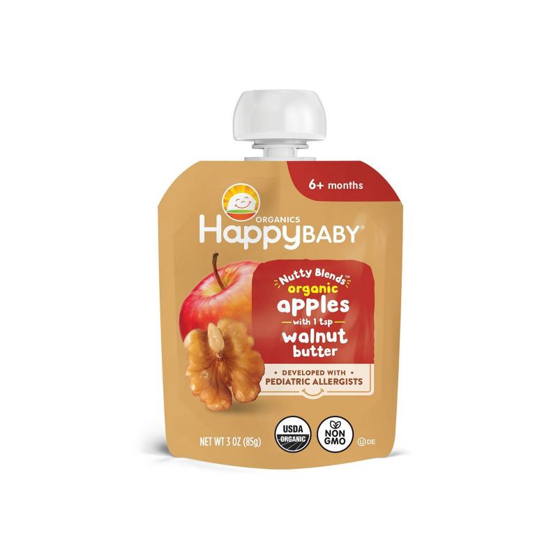 slide 1 of 8, Happy Baby Nutty Blends Organic Apple & Walnut Butter Baby Food Pouch - 3oz, 3 oz