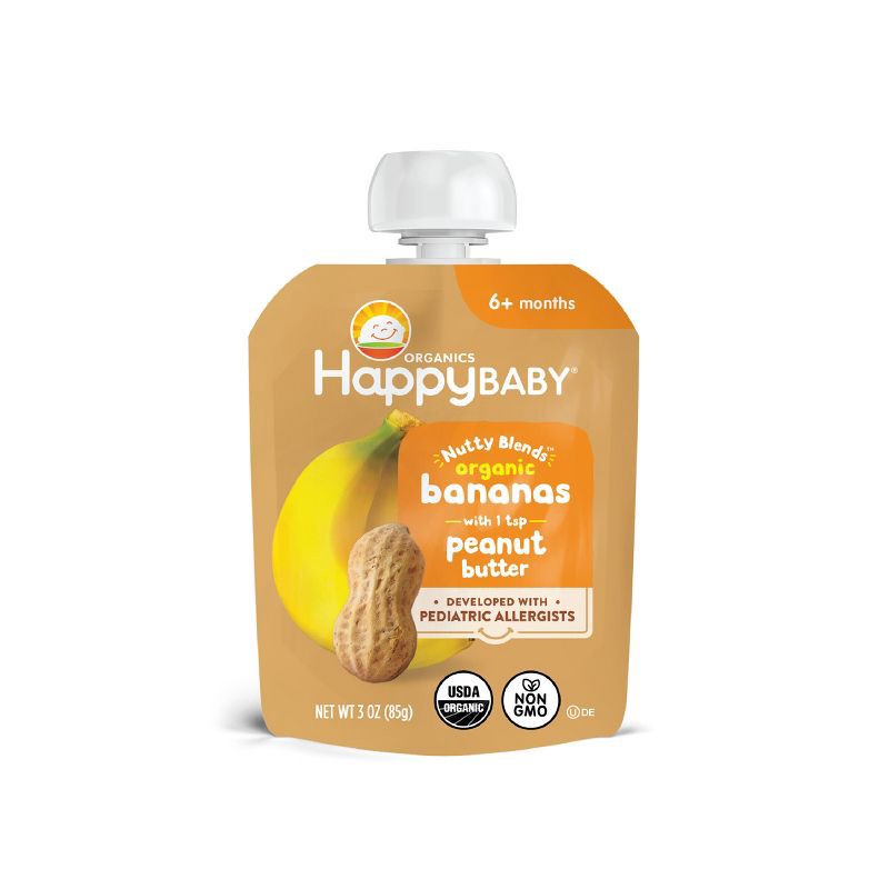 slide 1 of 10, Happy Baby Nutty Blends Organic Bananas & Peanut Butter Baby Food Pouch - 3oz, 3 oz