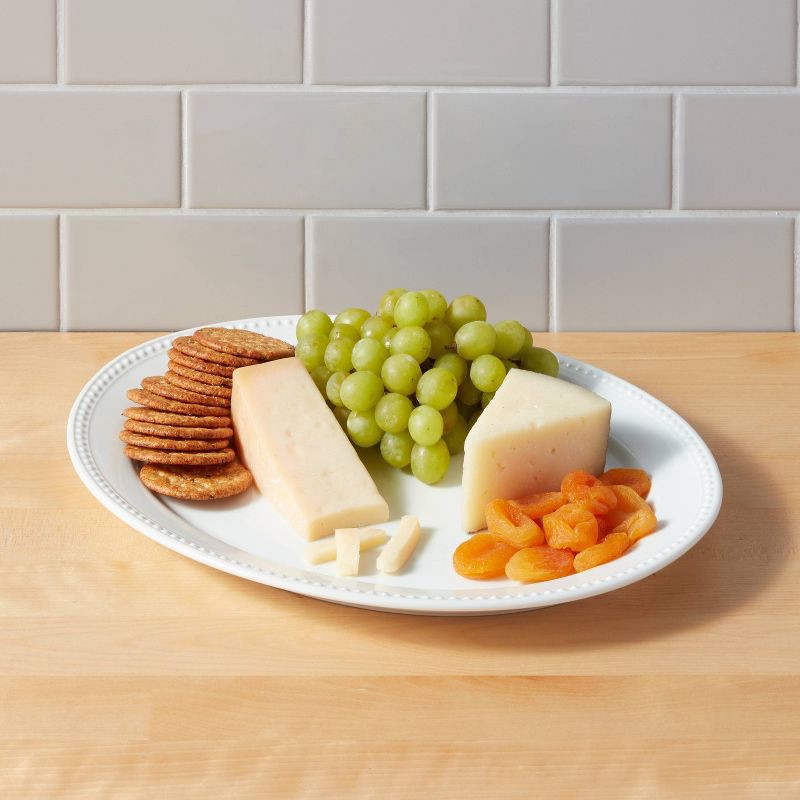 slide 2 of 3, 15" x 12" Ceramic Oval Beaded Platter White - Threshold™: Porcelain Serveware, Dishwasher & Microwave Safe, 1 ct