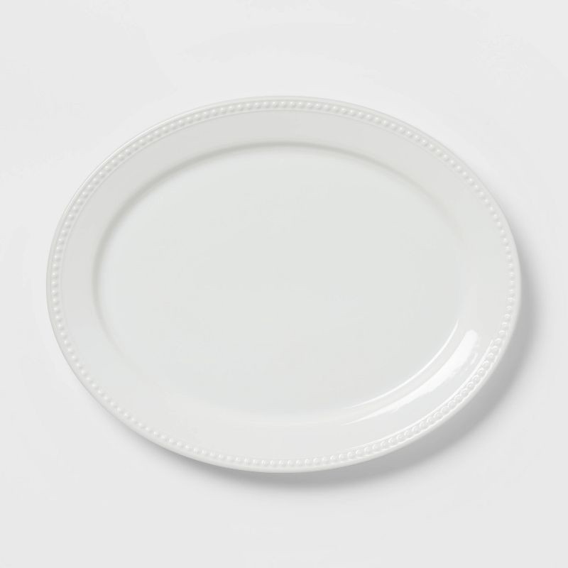 slide 3 of 3, 15" x 12" Ceramic Oval Beaded Platter White - Threshold™: Porcelain Serveware, Dishwasher & Microwave Safe, 1 ct