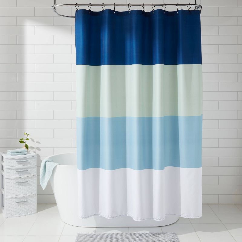 slide 4 of 4, Microfiber Colorblock Large Striped Shower Curtain - Room Essentials™: Polyester, Machine Washable, Mid-Century Decor, 1 ct