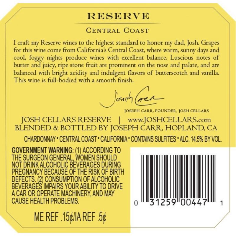 slide 5 of 5, Josh Cellars Josh Central Coast Reserve Buttery Chardonnay White Wine - 750ml Bottle, 750 ml