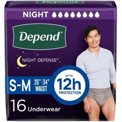Depend Night Defense Incontinence Disposable Underwear for Men - Overnight Absorbency - S/M - 16ct