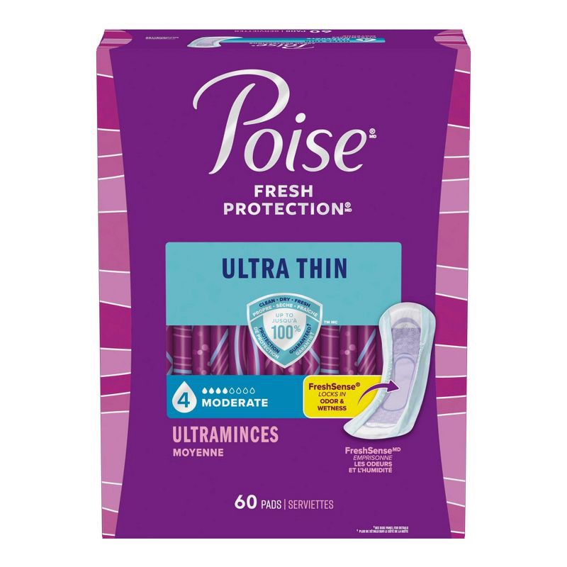 slide 2 of 7, Poise Ultra Thin Incontinence Pads for Women - Moderate Absorbency - 4 Drop - Regular - 60ct, 60 ct