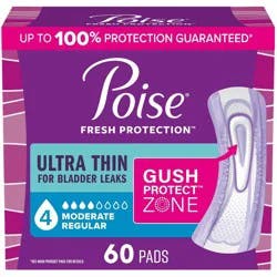 Poise Ultra Thin Incontinence Pads for Women - Moderate Absorbency - 4 Drop - Regular - 60ct
