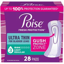 Poise Ultra Thin Incontinence Pads for Women - Light Absorbency - 3 Drop - Regular - 28ct