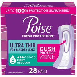 Poise Ultra Thin Incontinence Pads for Women - Light Absorbency - 3 Drop - Regular - 28ct