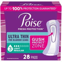 Poise Ultra Thin Incontinence Pads for Women - Light Absorbency - 3 Drop - Regular - 28ct