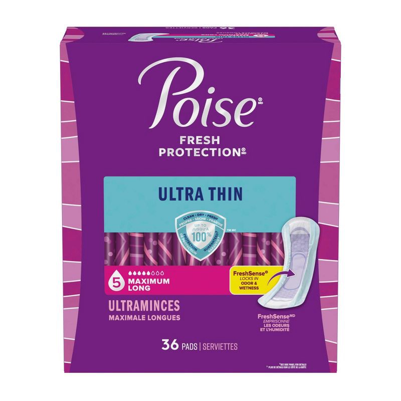 slide 2 of 7, Poise Ultra Thin Incontinence Pads for Women - Maximum Absorbency - 5 Drop - Long - 36ct, 36 ct