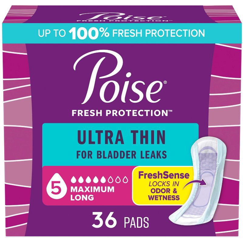 slide 1 of 7, Poise Ultra Thin Incontinence Pads for Women - Maximum Absorbency - 5 Drop - Long - 36ct, 36 ct