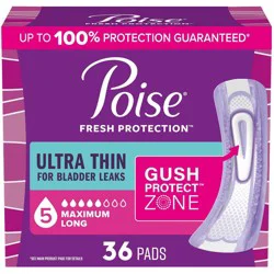 Poise Ultra Thin Incontinence Pads for Women - Maximum Absorbency - 5 Drop - Long - 36ct