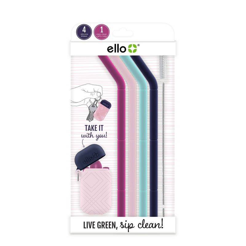 slide 1 of 3, Ello 4pk Compact Fold and Store Silicone Straw Set, 4 ct