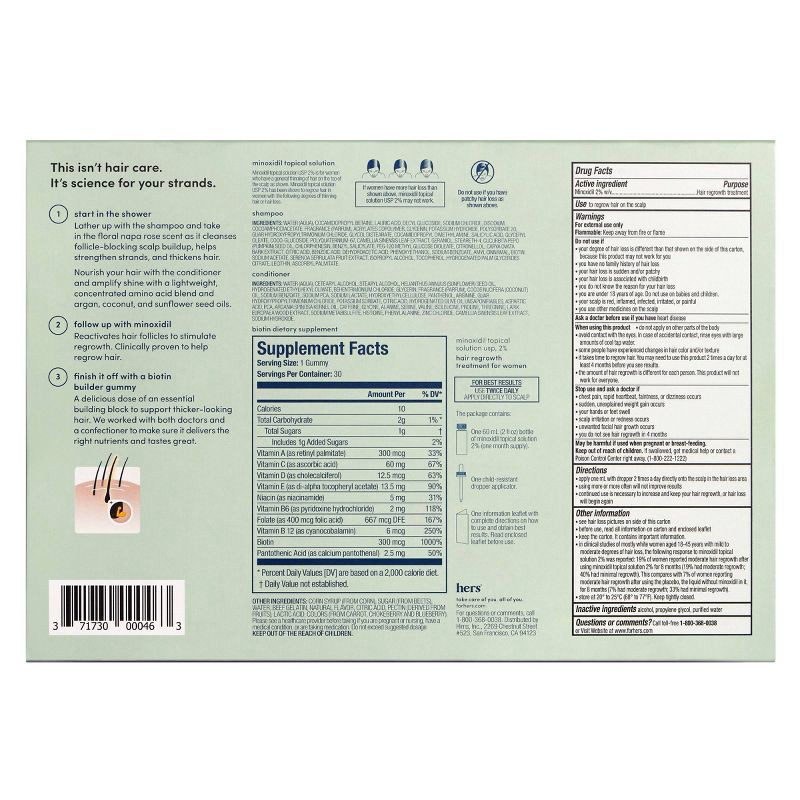 slide 2 of 6, hers Triple Threat System Total Hair Package to Supports Hair Growth Minoxidil 2%, Shampoo, Conditioner, Biotin Hair Kit - 4pc, 4 ct