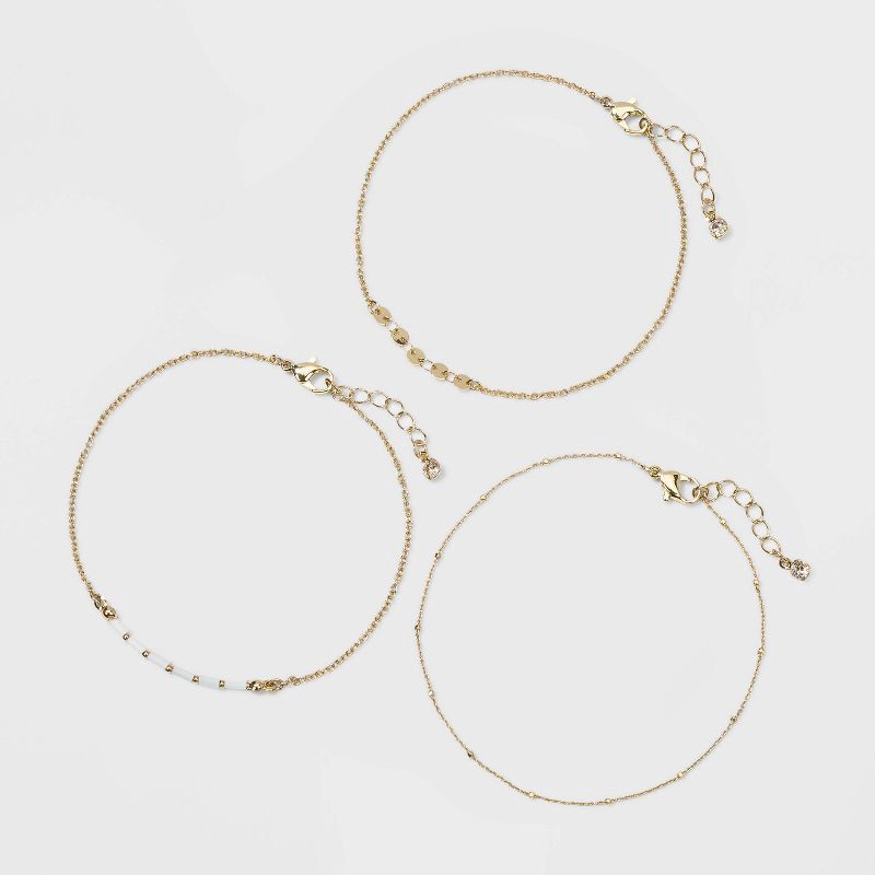 slide 2 of 2, Beads and Discs Anklet Set 3pc - A New Day™ Gold: Brass Lobster Claw Clasp, 9" Length, 3 ct