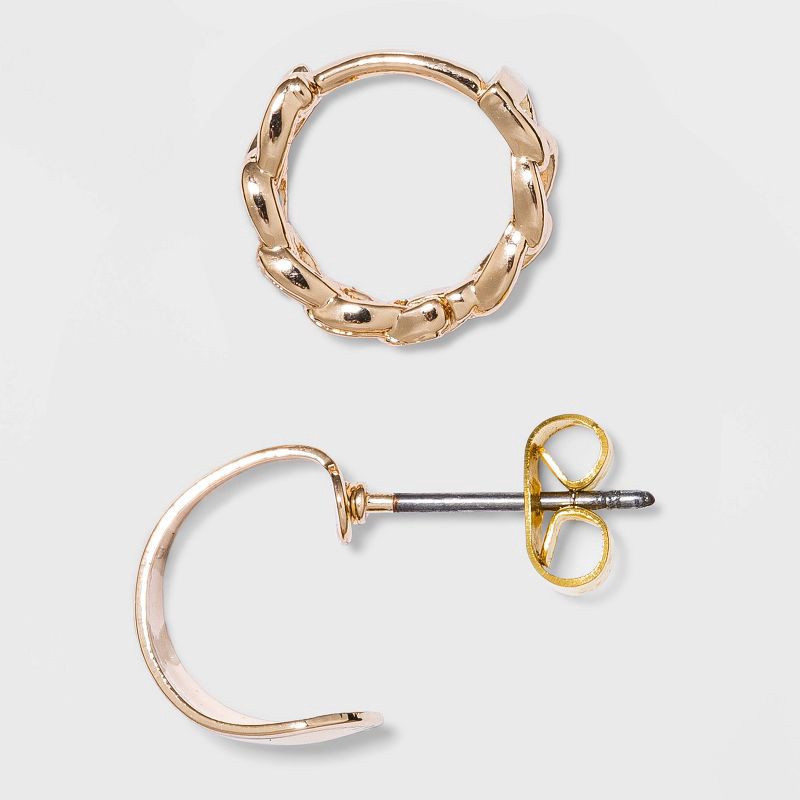 slide 2 of 2, Thick Hoop, Chain Hoop, and Gold Stud Earring Set 3pc - A New Day™ Gold: Copper, Brass, Nickel-Free Metal, 3 ct